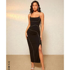 SHEIN Discontinued Black Formal Midi Dress with Rhinestone Straps and Side Slit